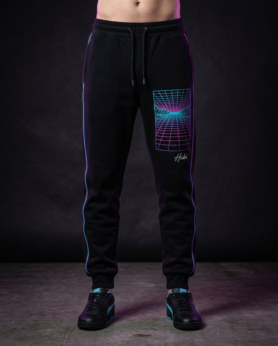 Hubi Cyber 80s Joggers - Midnight black retro sweatpants with neon outrun grid panel