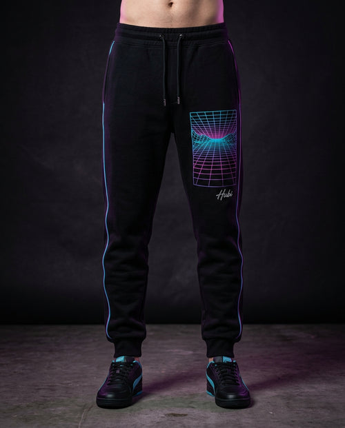 Hubi Cyber 80s Joggers - Midnight black retro sweatpants with neon outrun grid panel