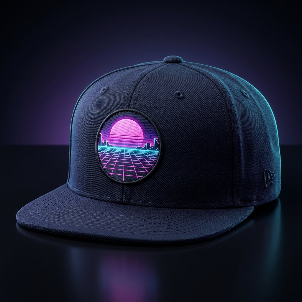Hubi Neon Grid Snapback Midnight front 3/4 view with neon synthwave grid embroidery
