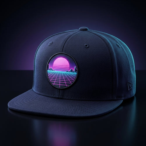 Hubi Neon Grid Snapback Midnight front 3/4 view with neon synthwave grid embroidery