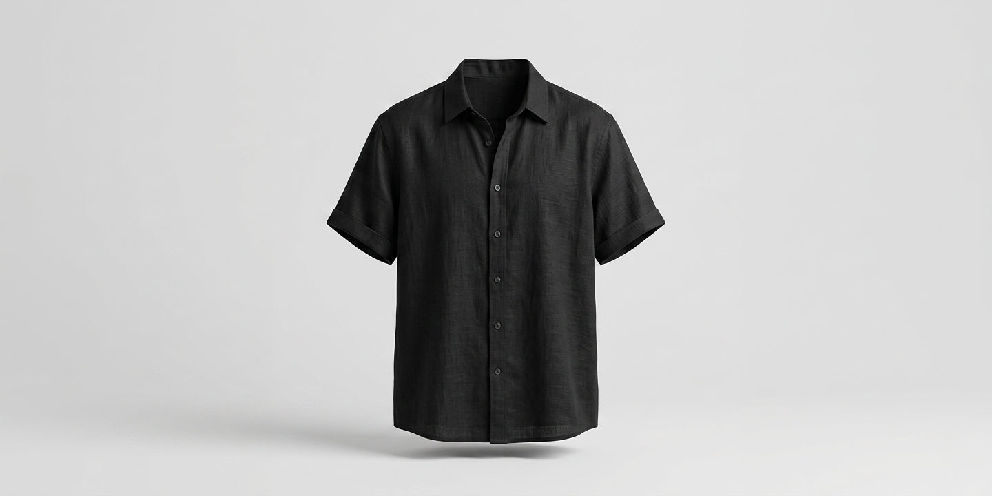 Black linen summer button-up shirt, front view